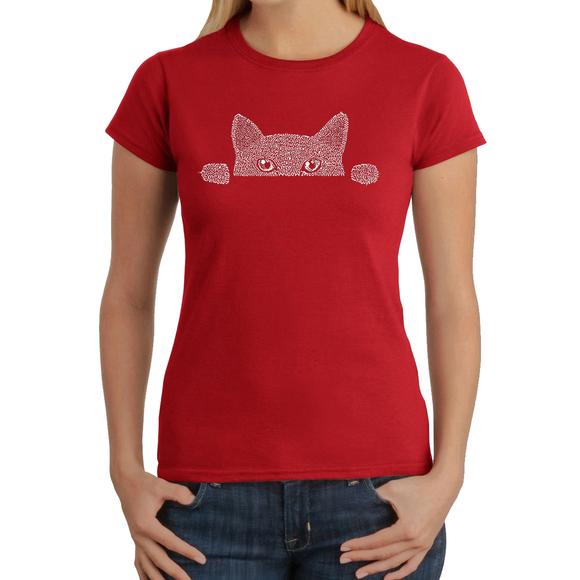 Women's Word Art T-Shirt - Peeking Cat - Picture 1 of 2
